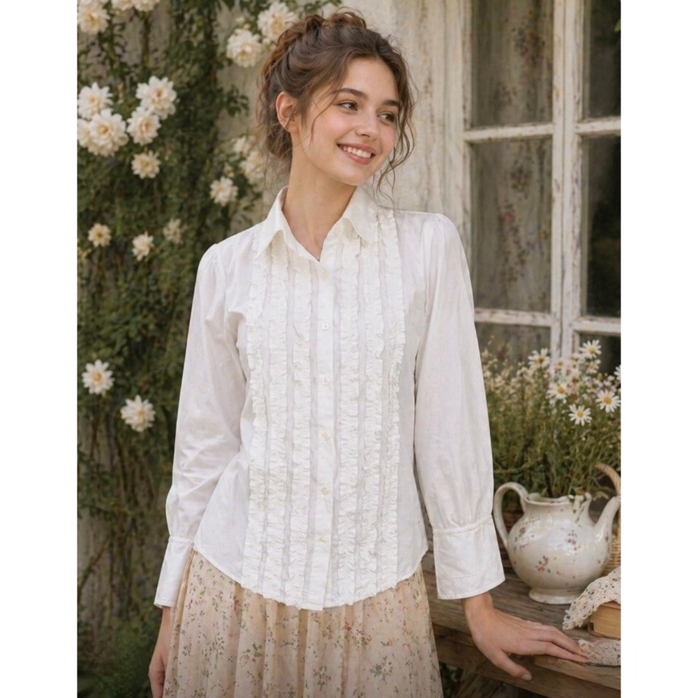 NEW!! GARNET HILL White Ruffled Tuxedo Buttondown Top Blouse Classic Size 2